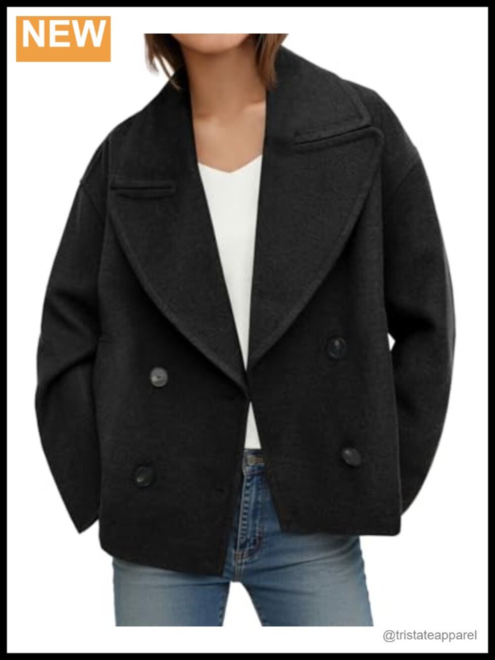 Cropped Wool Blend Pea Coat Notched Lapel Double Breasted